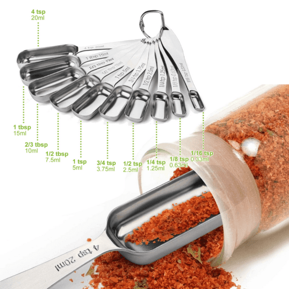 10-Piece Stainless Steel Narrow Measuring Spoons Set - Long Handle Metal Spoons with Engraved Measurements for Dry and Liquid Ingredients