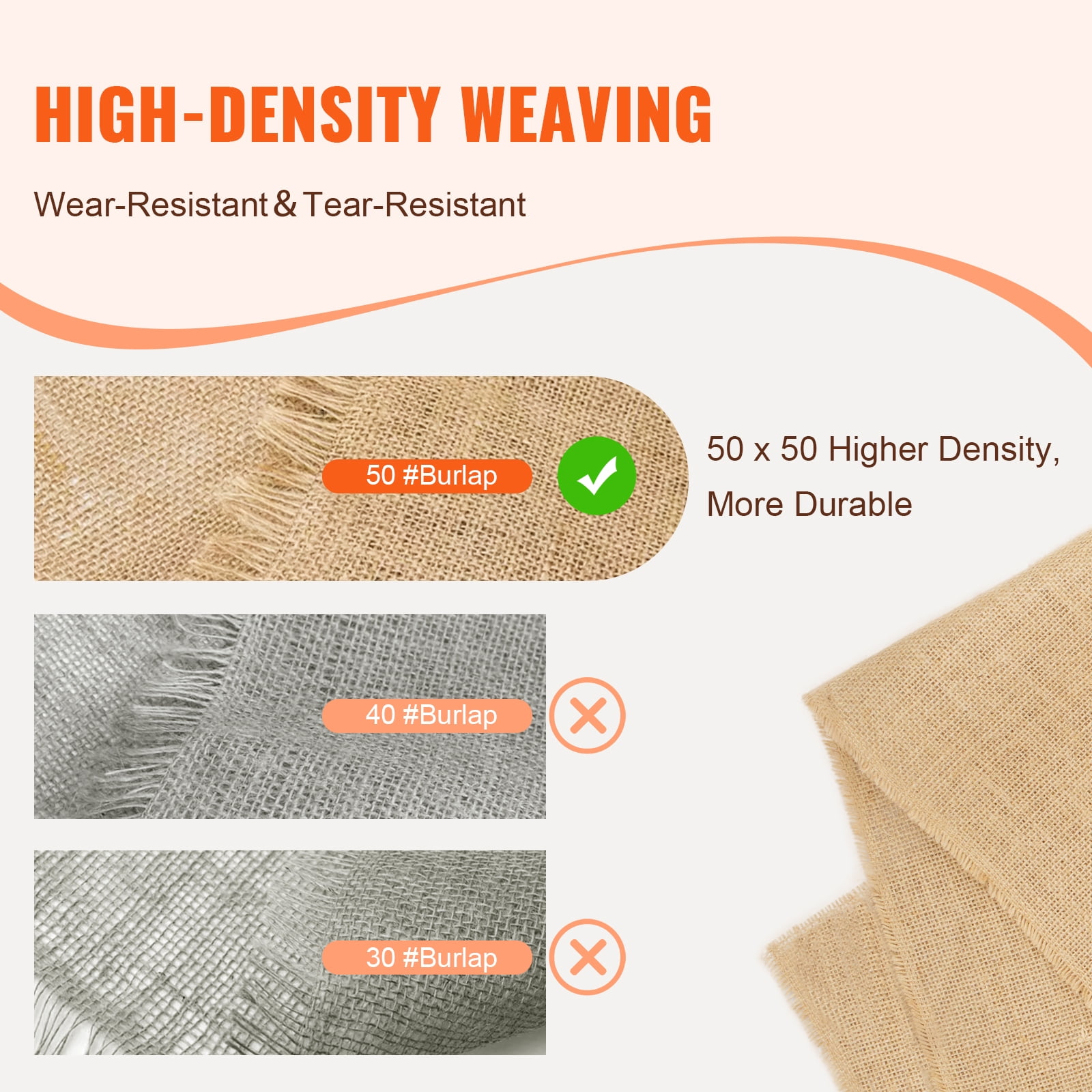 VEVOR Burlap Fabric Roll, 40” x 75 ft & 50 x 50 High Density Wide Natural Burlap Fabric Rolls, Jute Fabric Burlap Tree Wrap Roll, for Decor, Crafts, Wedding, Plant & Tree Winter Covering