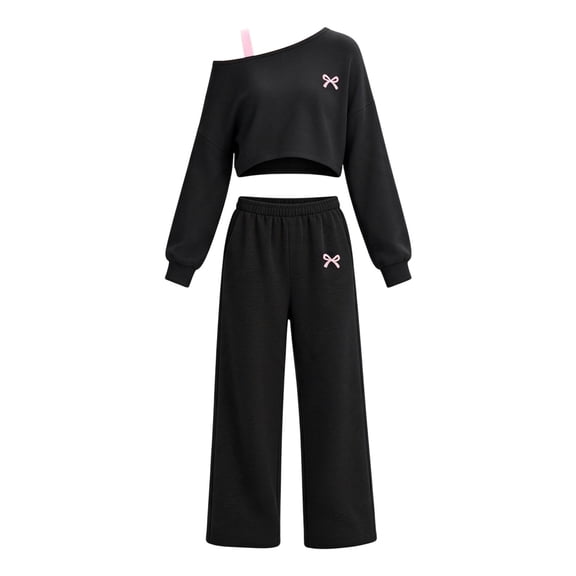 Tfken Outfit Sets For Girls One Shoulder Long Sleeve Tops With Pants Set Lightweight Fall Winter Children Trendy Clothes Size 9-10 Years Black
