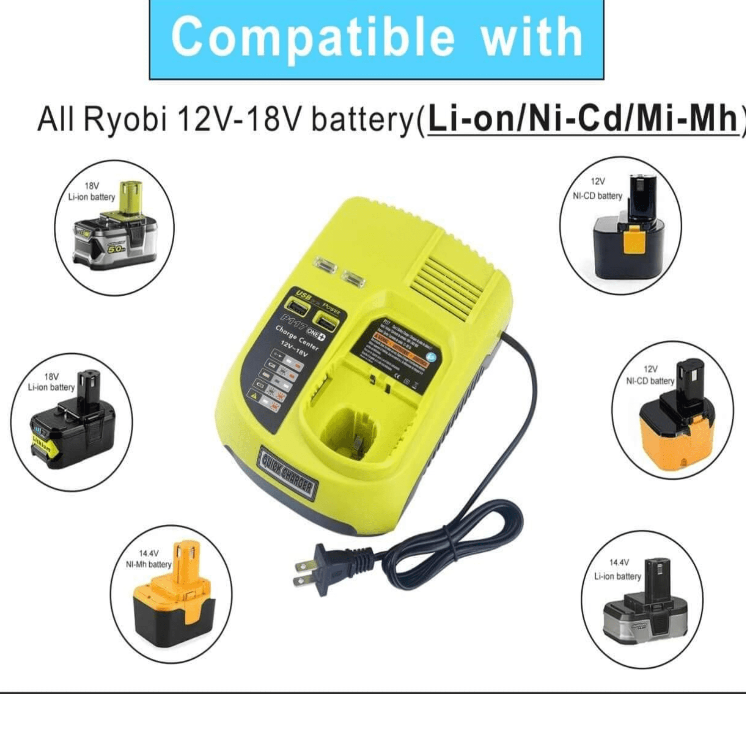2-Pack 18V 3.6Ah Li-ion Battery & Charger Combo for Ryobi 18V P102 P103 P105 P108 P191 P122 Power Tools