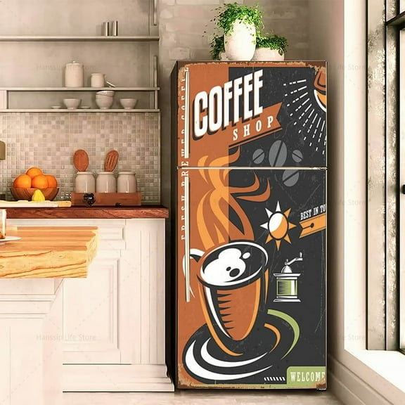 Retro Coffee Drink Fridge Door Sticker Waterproof PVC Refrigerator Wallpaper Vintage Coffee Poster K