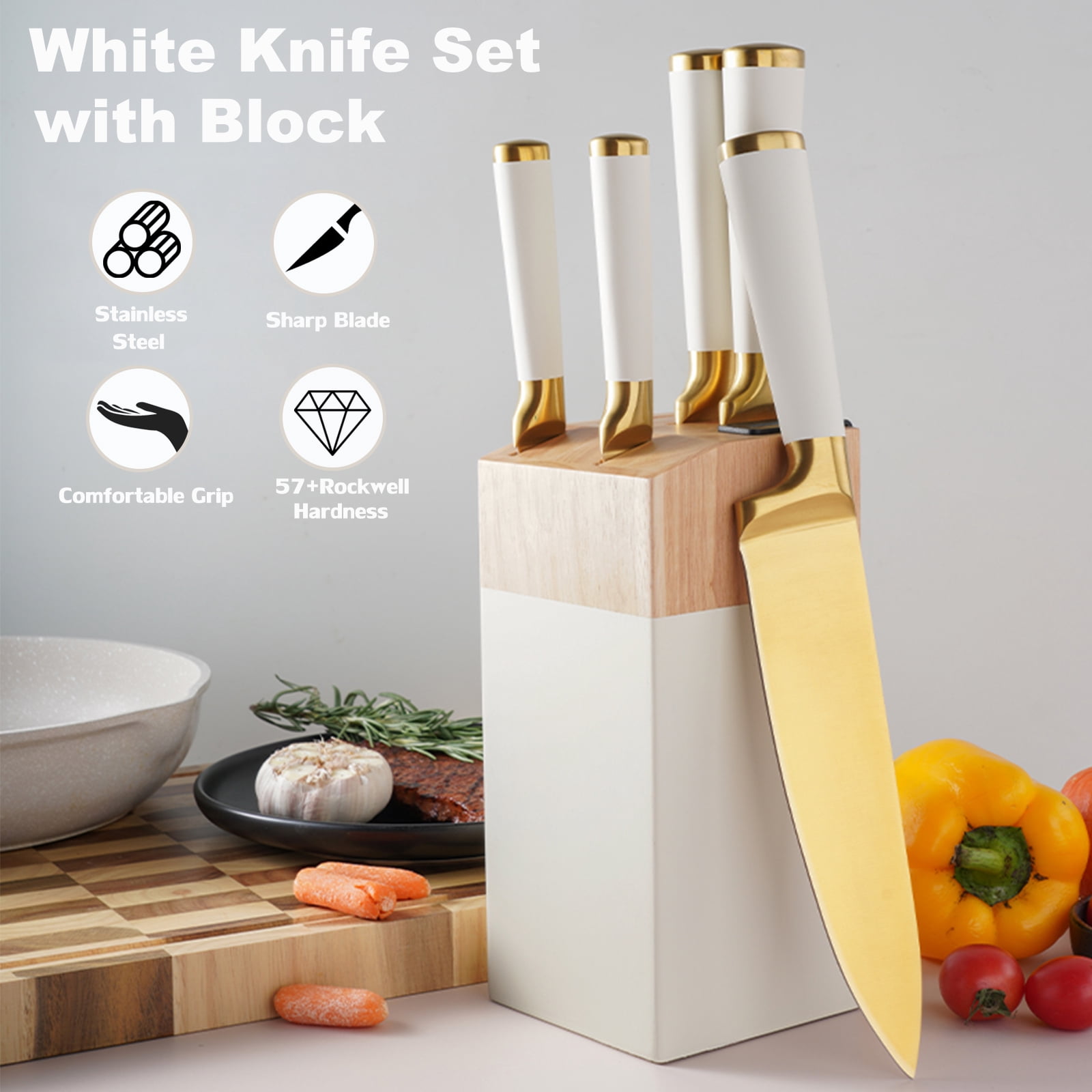 Kitchen Knife Set, 6-Pieces Golden Titanium Coated Knife Block Set with Wood Knife Block & Built-in Sharpener, Stainless Steel Sharp Chef Knife Set, Knives Set for Home Kitchen