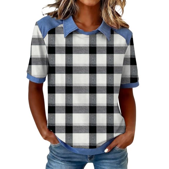 WTXUE Women Plaid Denim Collared Shirt Short Sleeve Shirts Plaid Shirt Contrast Color Short Sleeve Trendy Dressy Work Business Tunic Blouse Dress Shirt Patchwork Denim Shirts Pullovers Black L