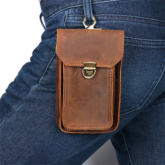 Riñonera para hombre, bolso para colgar, bolso para teléfono móvil, funda protectora de cuero genuino, capa superior de cuero de vaca Crazy Horse, bolso para colgar en la cintura para exteriores