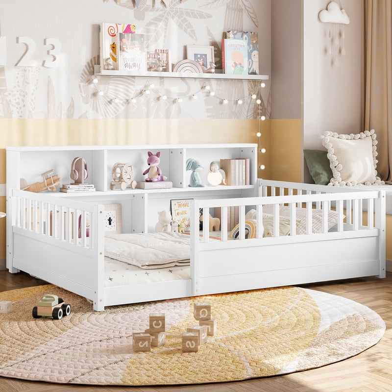 Bellemave Full Montessori Bed with Storage Shelves, Wood Floor Bed with High Rail and Bookcase, Easy Assemble Full Size Beds Frame(White)