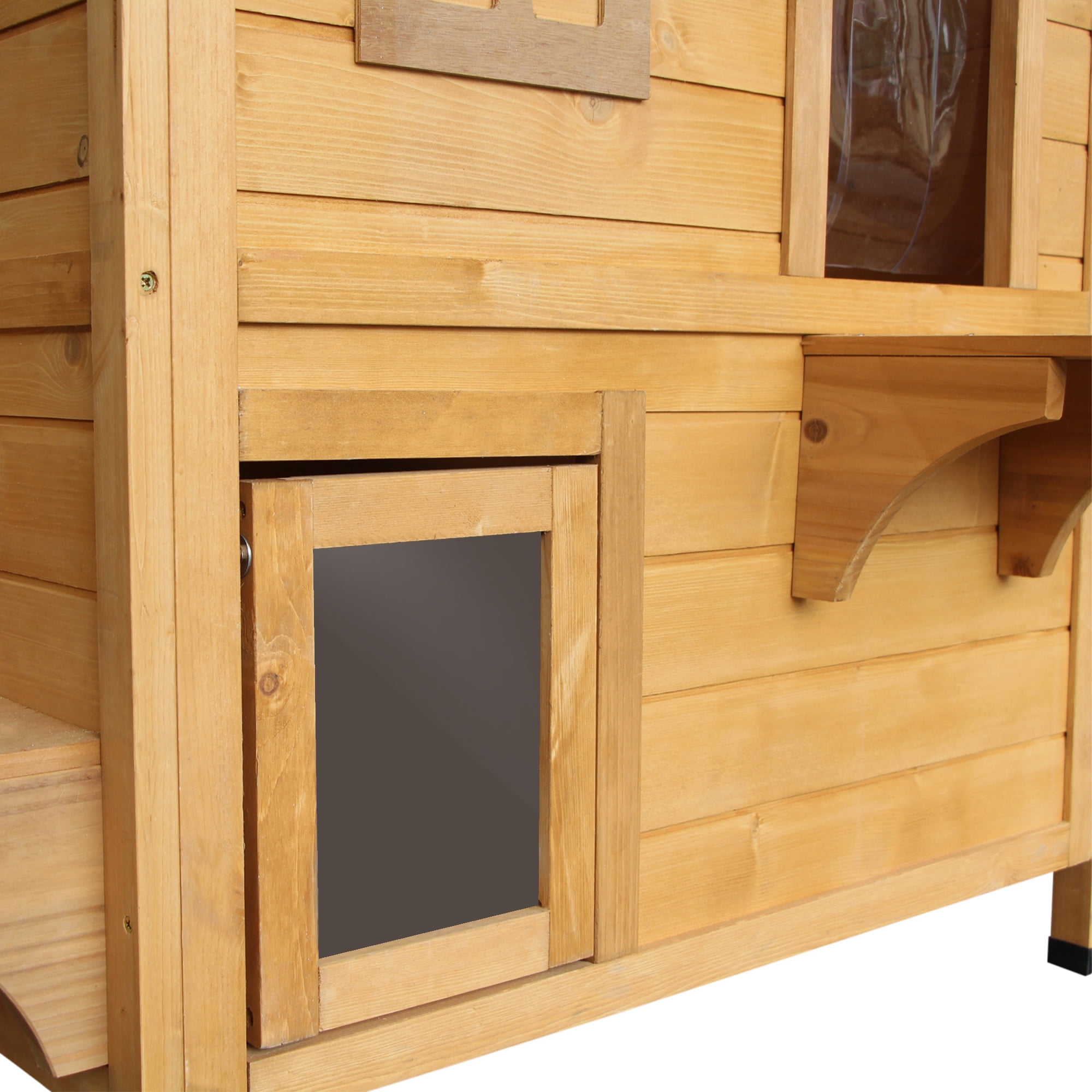 Noaman PawHut 2-Story Outdoor Cat House, Weatherproof Wooden Cat Enclosure for Feral Cats with Escape Door, Openable Roof, Jumping Platforms, Natural Wood, 35"L x 29.1"W x 6.2"H, 37lbs