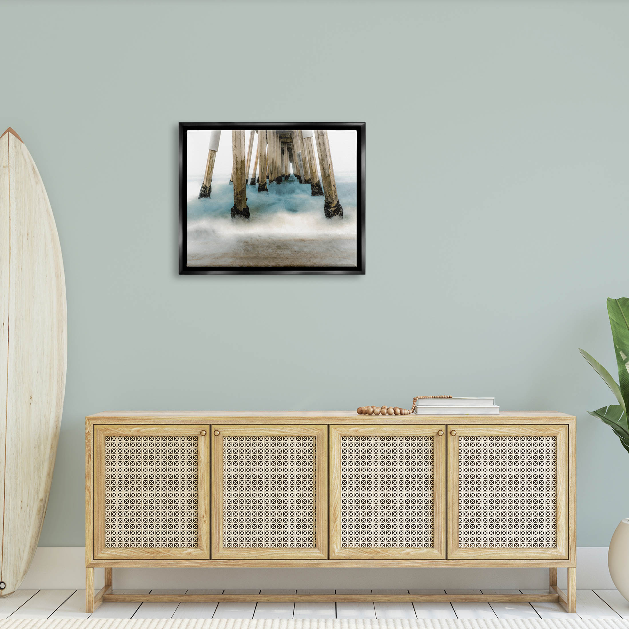 Waterfront Pier Splashing Sea Waves Coastal Graphic Art Jet Black Framed Art Print Wall Art