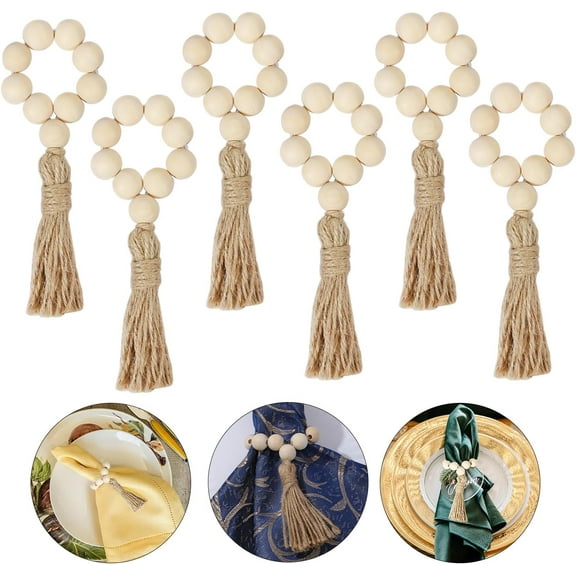 6Pcs/12Pcs Wood Bead Napkin Rings Set, Farmhouse Napkin Ring Elastic Boho Napkin Ring Stretchable, Rustic Coastal Napkin Ring Tassel Fall Napkin Ring for Wedding Party Table Decor