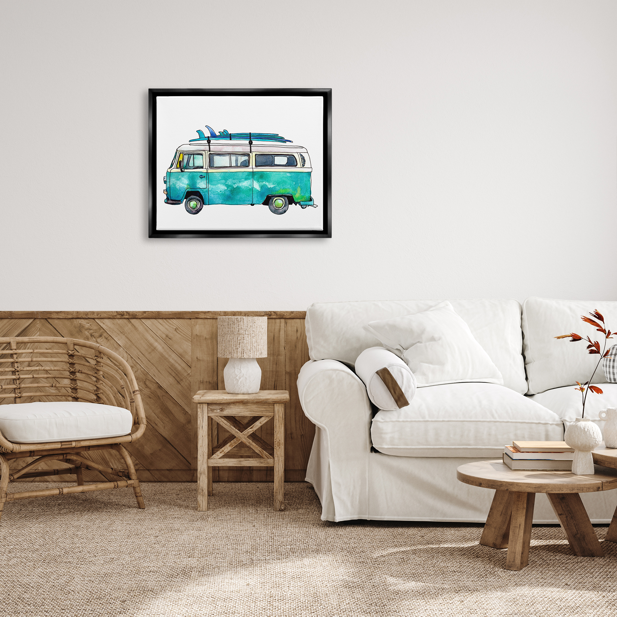 Stupell Summer Vacation Surfboard Van Landscape Painting Black Floater Framed Art Print Wall Art