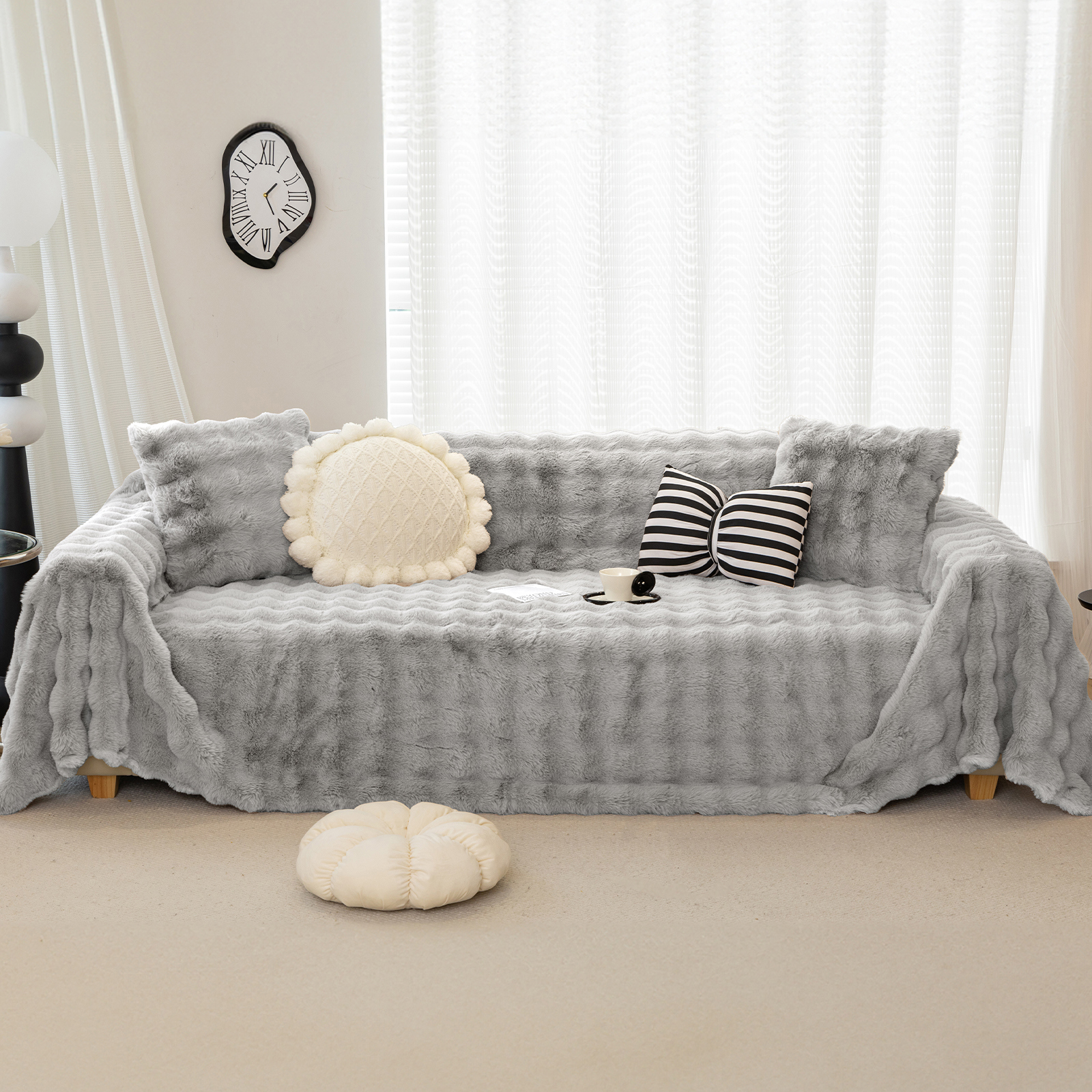 WOOW DEPOT Warm Faux Rabbit Fur Sofa Cover Machine Washable, Thick Throw Blanket L Shape Slipcover for 2 - 3 Cushion Couch, Light Gray 71"x118"