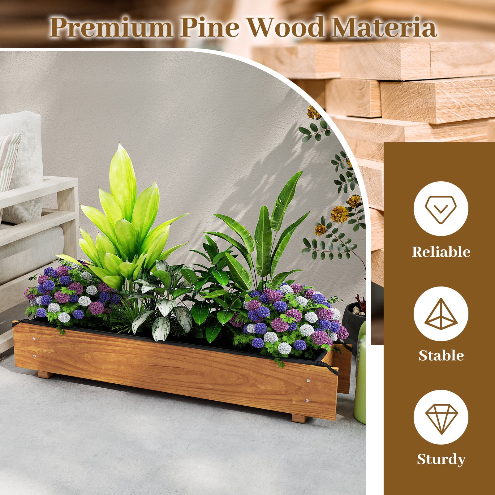 Gymax Wooden Raised Garden Bed w/ Drainage Holes Liner for Vegetable Flower Herb