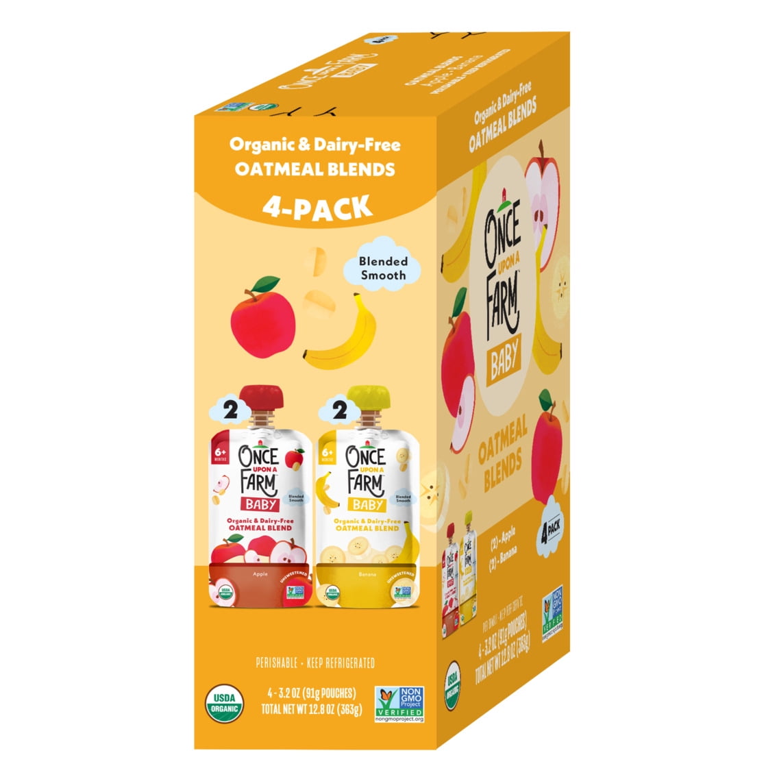 Once Upon a Farm Organic Refrigerated Baby Food Oatmeal Blends Variety Pack, 3.2oz Pouch (4 Pack)