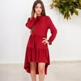 thumbnail image 6 of Women's High Neck Tiered Swing Dress with Long Sleeves- Medium, Burgundy, 6 of 7