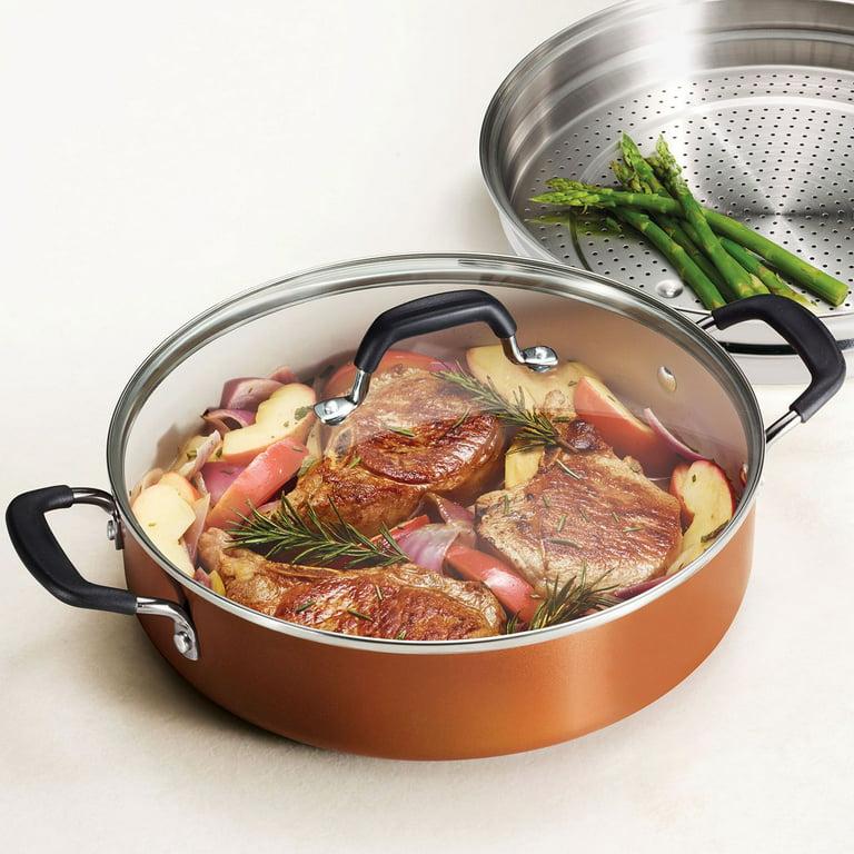 Tramontina 3 Piece Set Nonstick Everyday Pan With Glass Lid, 5.5 qt + Stainless-Steel Steamer 