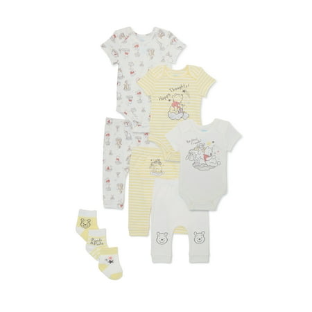 

Disney Baby Wishes + Dreams Baby Boys and Girls Unisex Winnie The Pooh Bodysuits and Pants Outfit Set 9-Piece Newborn-12 Months