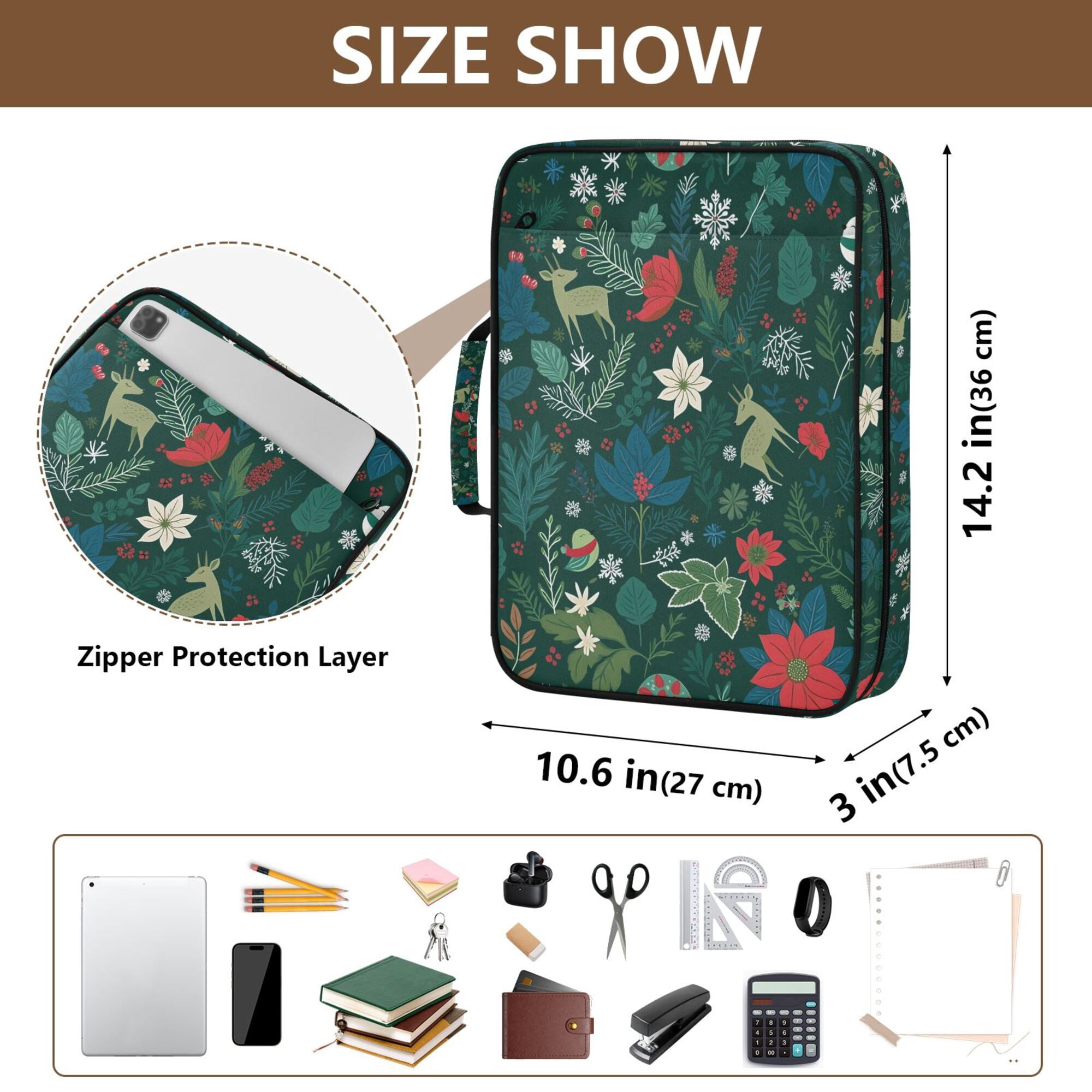 FORMRS Accordion File Folder A4 Size 7-Pocket Expanding Document Organizer Bag with 3 Ring Binder, Green Christmas Forest