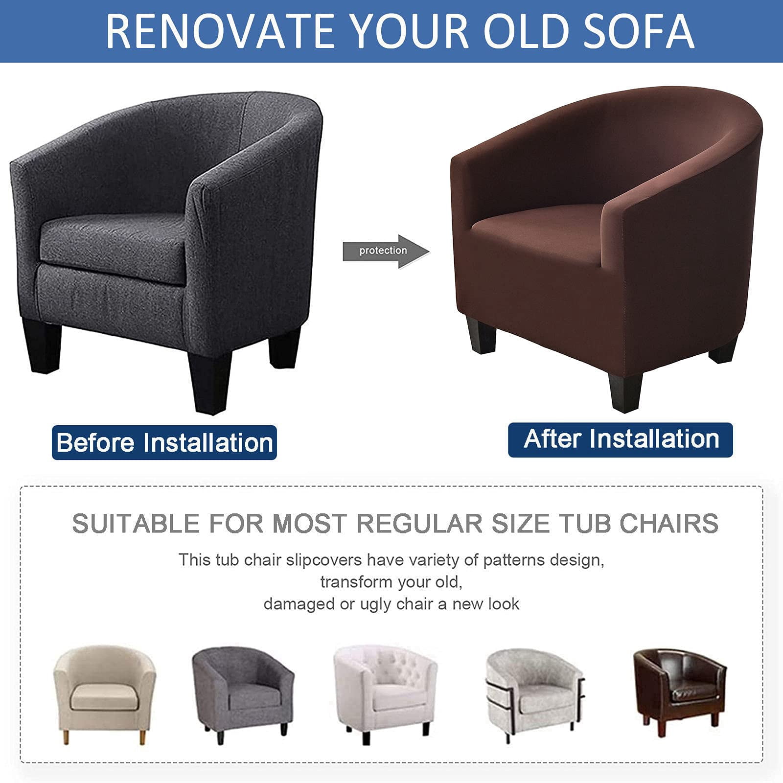 Stretch Club Chair Slipcover, Spandex Tub Chair Cover Non Slip Elastic Club Chair Cover Armchair Chair Slipcovers Sofa Cover Removable Washable for Kids Living Room-Grey Blue-Club Chair