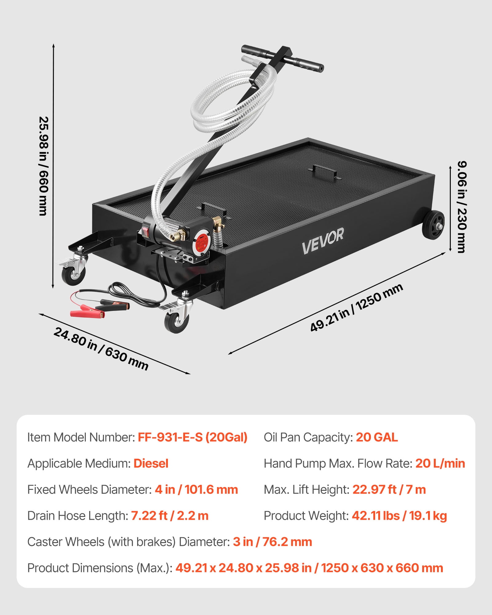 VEVOR Low Profile Oil Drain Pan, 20 Gallon Capacity, Rolling Oil Drain Pan with Electric Pump & 7.2 ft Hose, Leak-proof & Corrosion-resistant, Fit for Cars, SUVs, Trucks, Motorcycles, ATVs, Metal