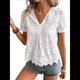 thumbnail image 3 of Blusas de Verano con Ojales para Mujer, Elegantes, Informales, con Cuello en V, Mangas Acampanadas, Encaje Calado y Bordado, 2025 L, 3 of 9