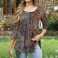 thumbnail image 5 of JTZGDY Summer Tunic Tops for Women Dressy Casual 2025 Fashion 3/4 Lenght Sleeve Floral Printed Ruched Pleated Crewneck Graphic T-Shirts Loose Fit Curvy Hem Blouse Brown#02 XXL, 5 of 7