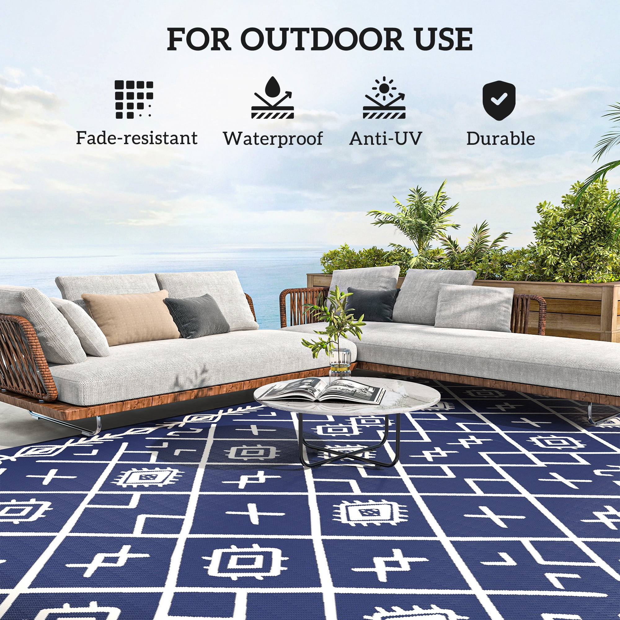 Outsunny Outdoor Patio Rug, Large Camping Carpet with Carrying Bag, 9' x 18' Waterproof Plastic Straw, Reversible, Blue & White Rhombus