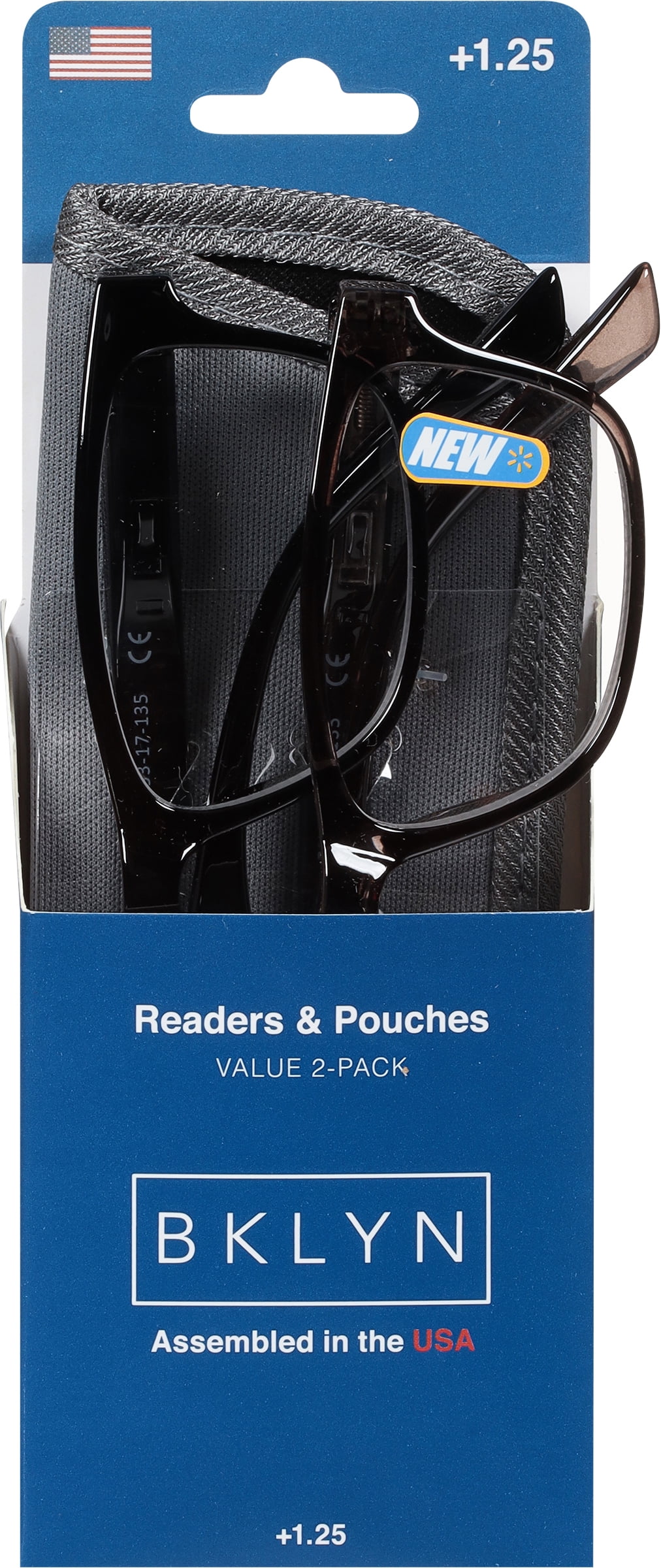 (2 pack) Bklyn, Montrose +1.25, Adult, Mens, Plastic Reading Glasses & Pouches Value Pack , 2 Ea