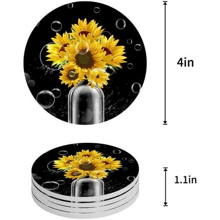 

ZHANZZK Sunflowers in Vase Bubble Black Set of 6 Round Coaster for Drinks Absorbent Ceramic Stone Coasters Cup Mat with Cork Base for Home Kitchen Room Coffee Table Bar Decor