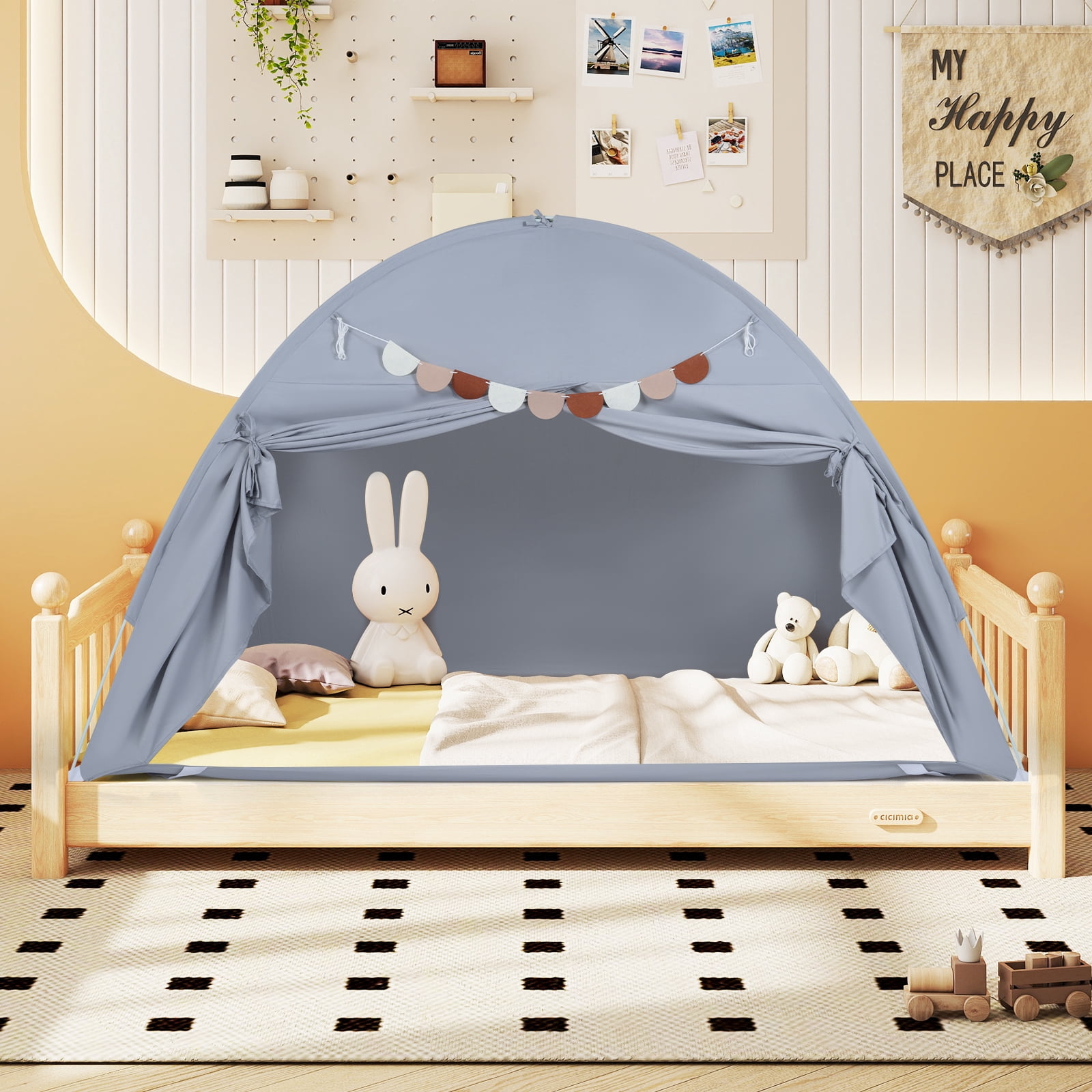 Gymax Twin Full Size Bed Tent w/2 Windows Flags for Boys & Girls Aged 3+ Years Old Grey