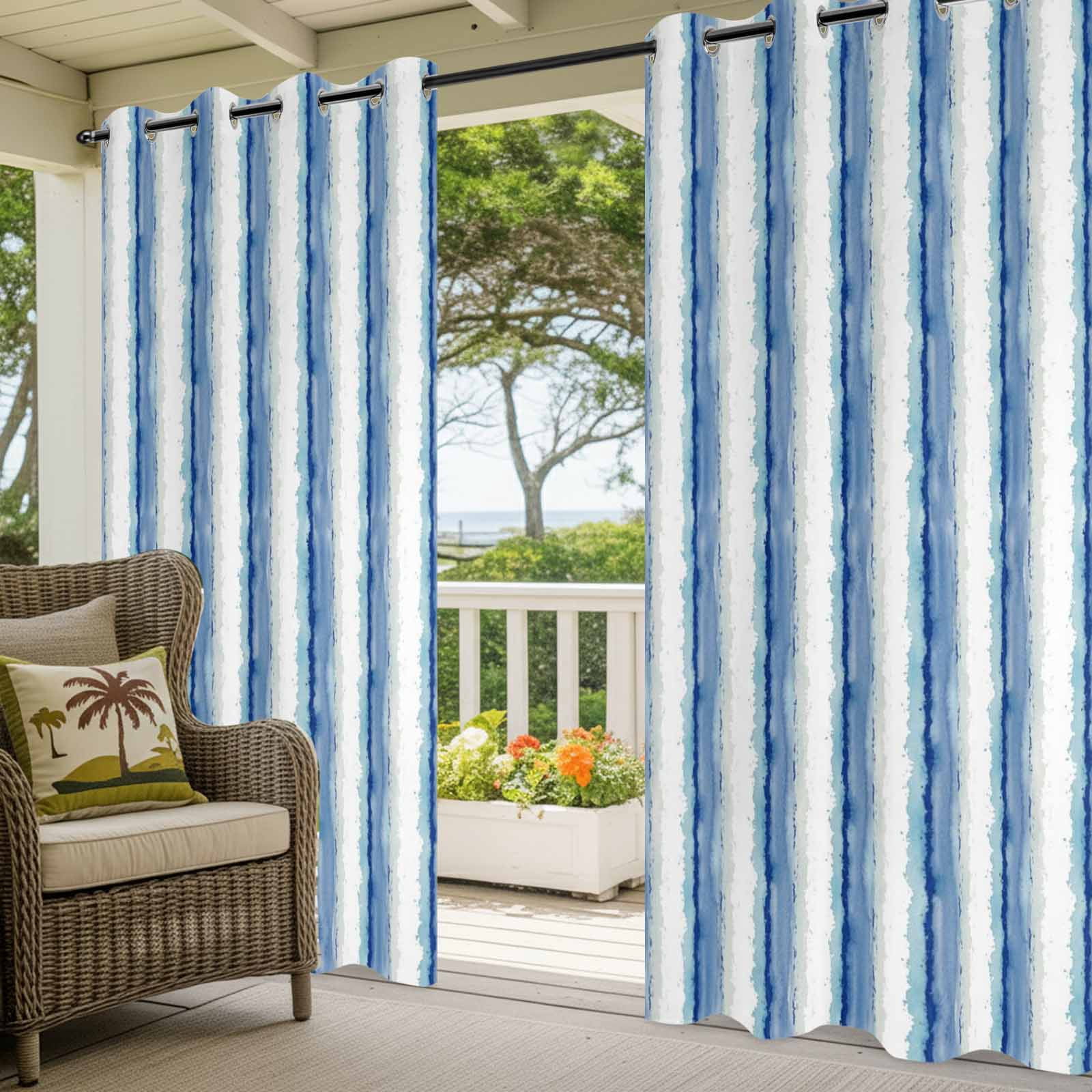 Abstract Blue Stripes Outdoor Curtains for Patio, Minimalist Faded Denim Striped Country Sunshade Privacy Drapes Grommet Waterproof Outside Curtains for Porch/Cabana/Balcony 54"x 108", 1 Panel