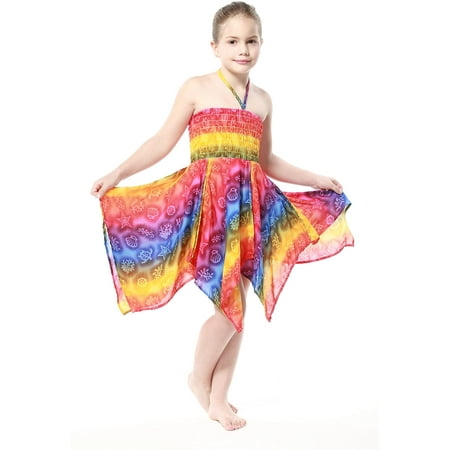 Girl Gypsy Uneven Button Hawaiian Luau Dress in Rainbow Sea Creatures ...