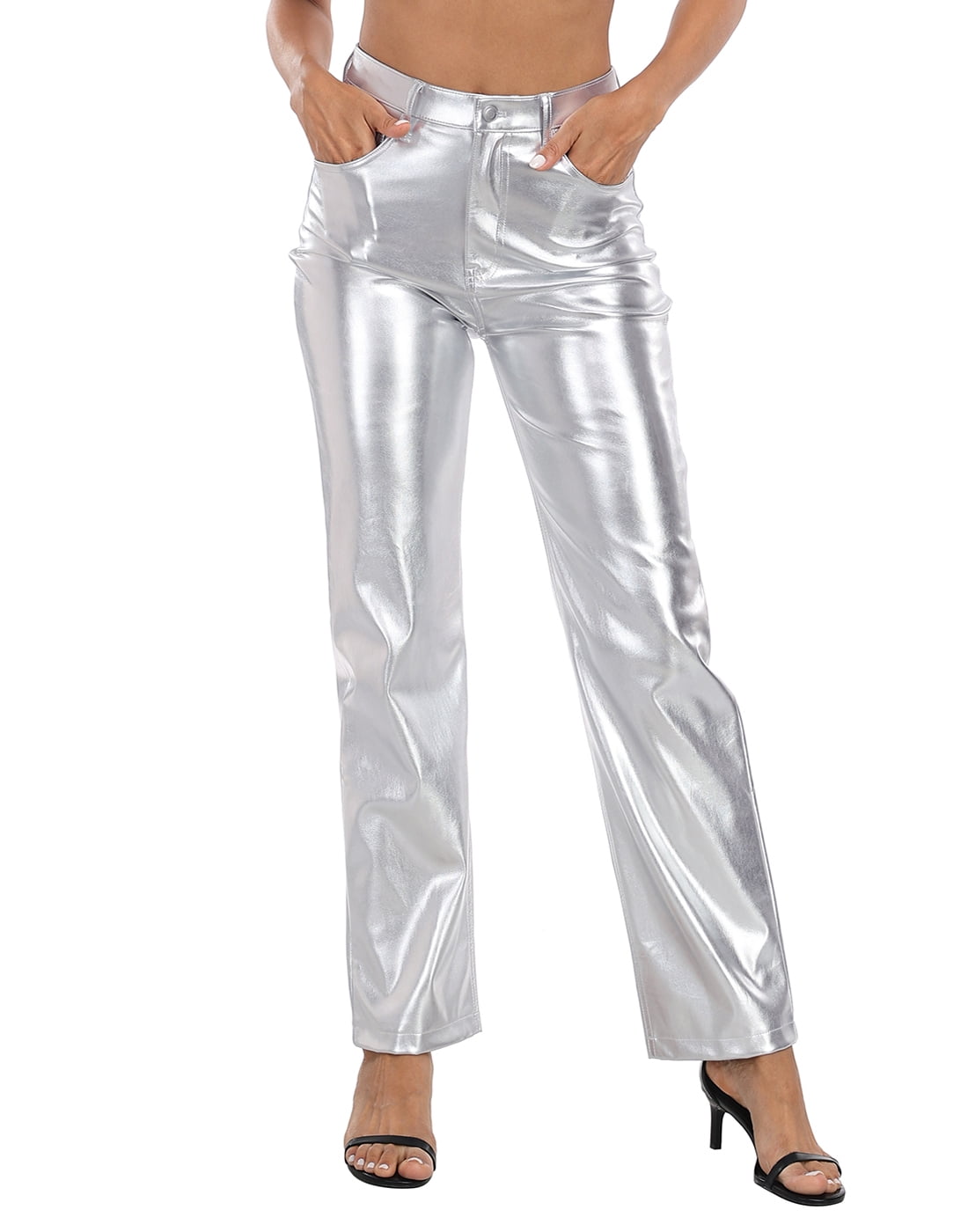 HDE Women's Metallic Faux Leather Pants High Waisted Trousers Silver 8