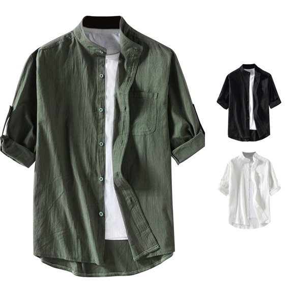 FINALGANG Mens Mandarin Collar Textured Roll Tab Three Quarter Sleeve Shirt Bust Pocket Loose Fit Breathable Casual Button Shirts Stylish Top 5XL