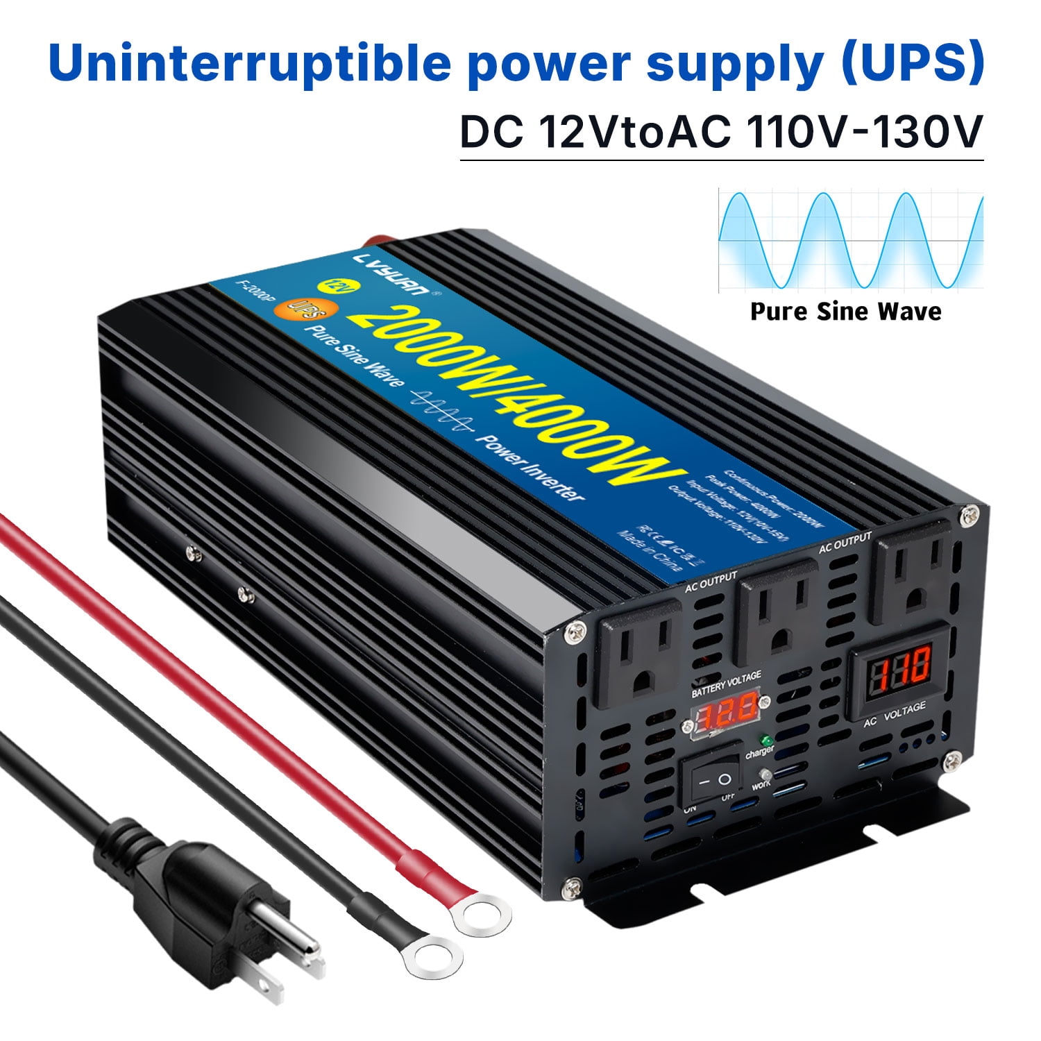 LVYUAN 3000W Pure Sine Wave Power Inverter, 12V DC to 110V AC