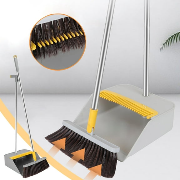 YangJinLian Upgrade Broom with Dustpan Combo Set, Long Handle Stiff Broom Bristles with Heavy Duty Dust Pan,Indoor Outdoor Easy Sweeping for Kitchen Lobby Garage Home