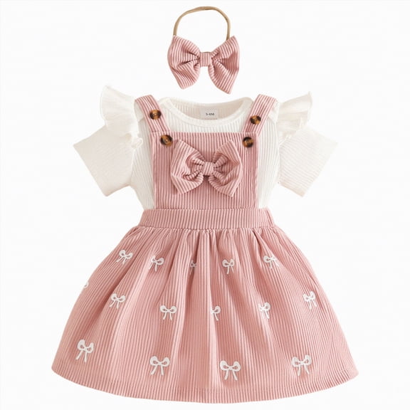 CAUYDY Toddler Baby Girls Summer Clothes Cute Outfits Short Sleeve Romper Overall Skirt Dress Headband 3-Piece Newborn Infant Girls Outfit 3M 6M 9M 12M 18M (Sizes 6-9 Months,F2-Pink)