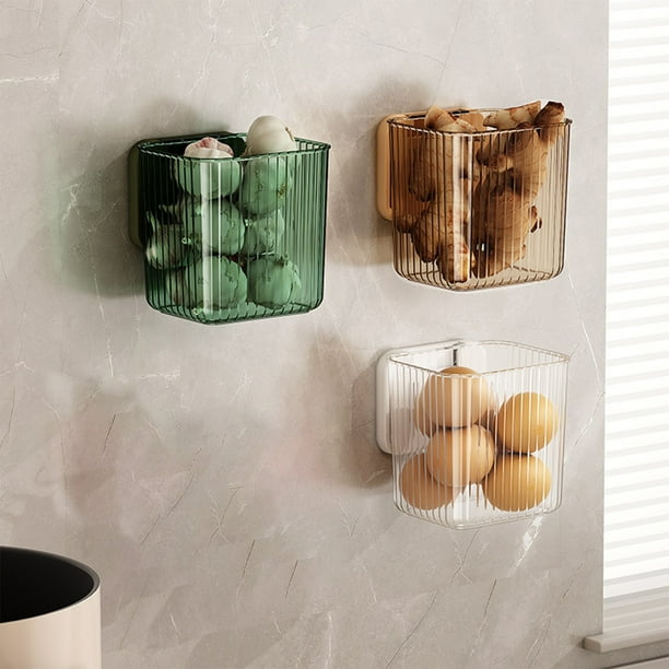 Cesta Colgante de Plástico para Cocina y Baño. Organizador de Pared para Jengibre, Ajo y Artículos Pequeños. 13 X 12 X 12 Cm. Color Verde, Transparente y Café. Fácil de Instalar. 1 Unidad.