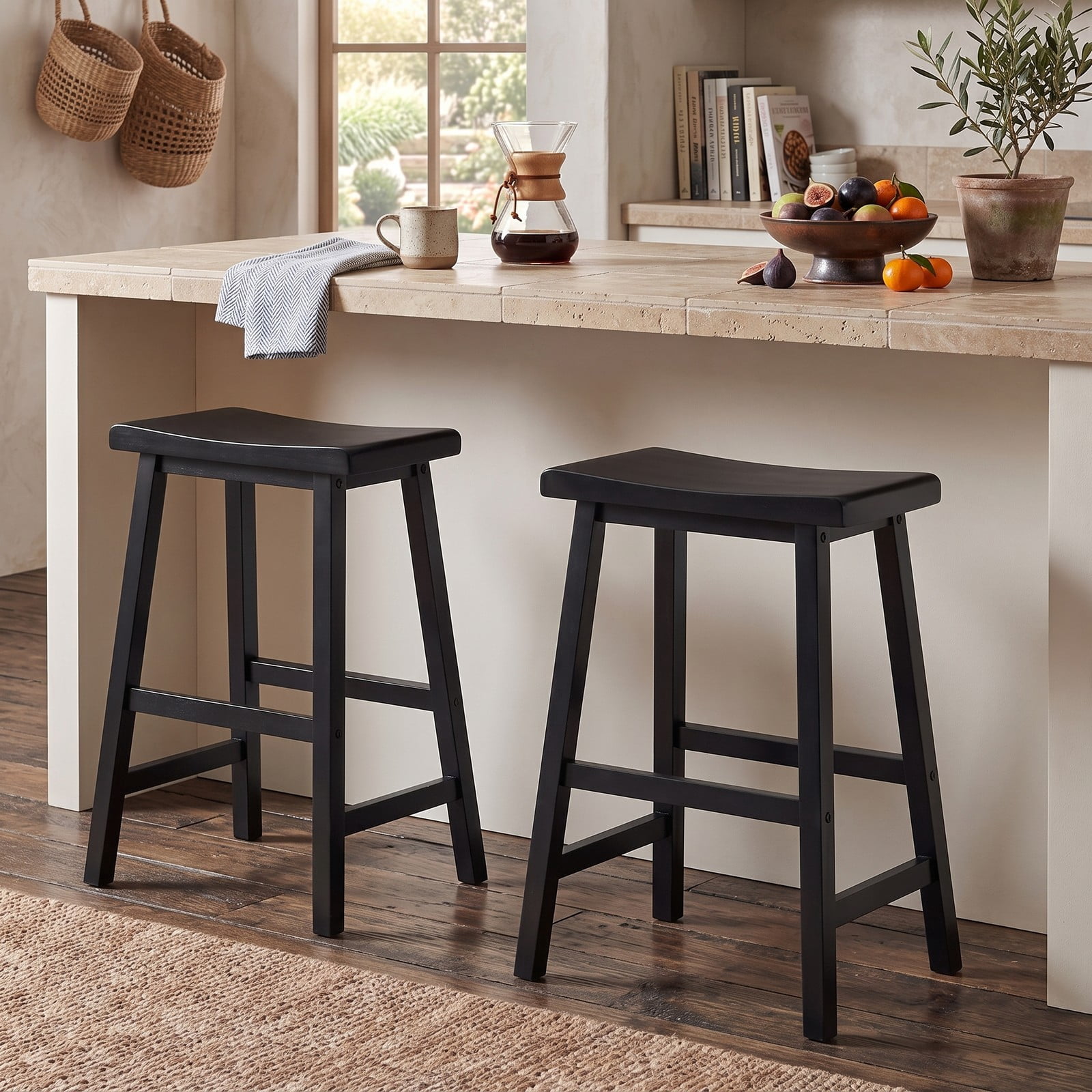 Furnibear 24 Inch Counter Height Bar Stools Set of 2, Solid Wood Saddle Backless Kitchen Island Stools with Footrest and Anti-Slip Pads, 400 lb Capacity, Black