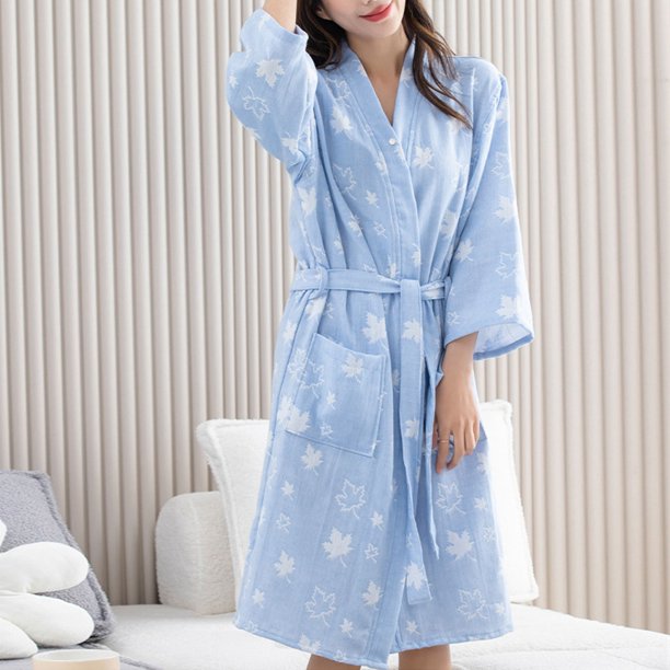 Puntoco Conjuntos de pijama cómodos para mujer, cárdigan de gasa de doble capa con estampado de hojas de arce y cordones, ropa de baño y ocio