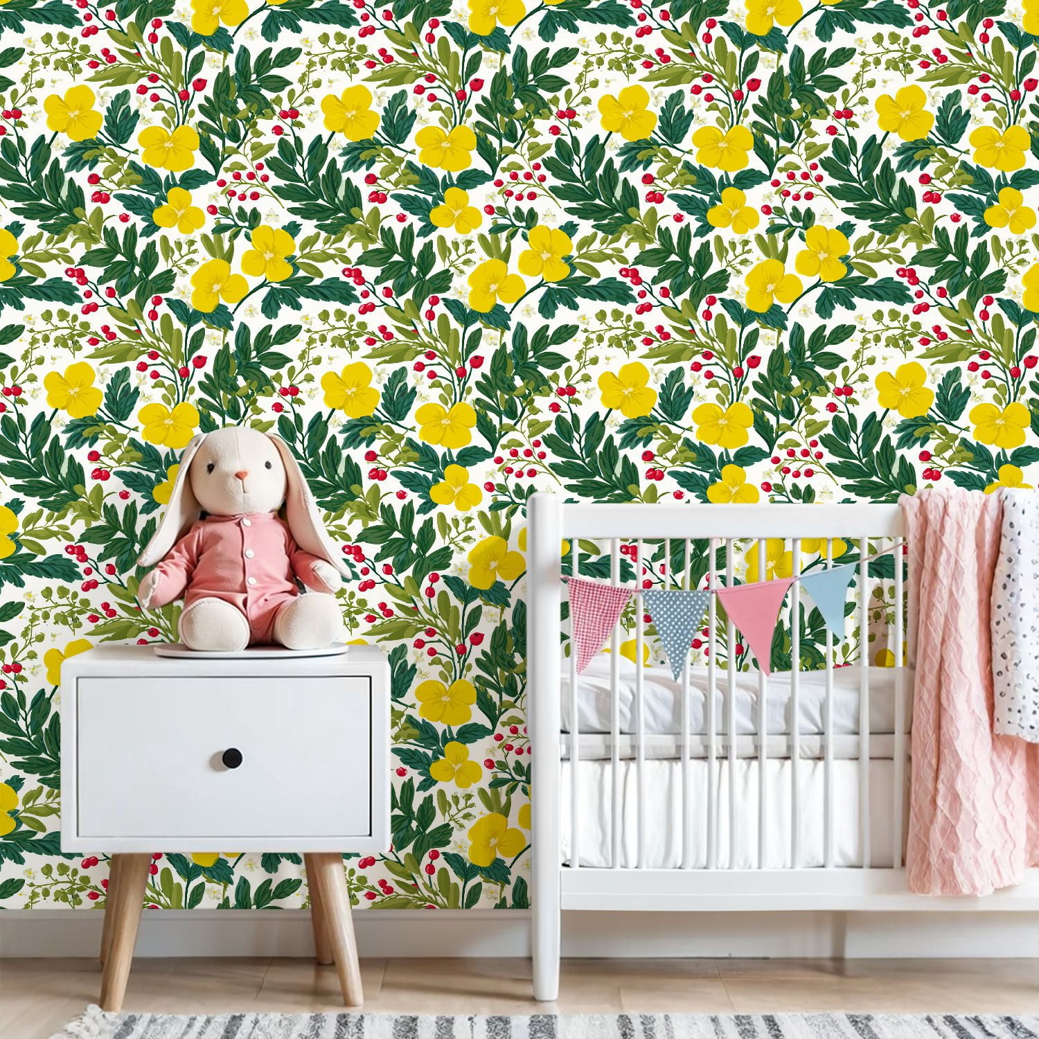Peel and Stick Wallpaper Bright Yellow Floral Green Leaves Red Berries White Wall Mural 23.6in x 9.8ft Self Adhesive Removable Wall Paper Renter Friendly Wallpaper for Bedroom Nursery Living Room