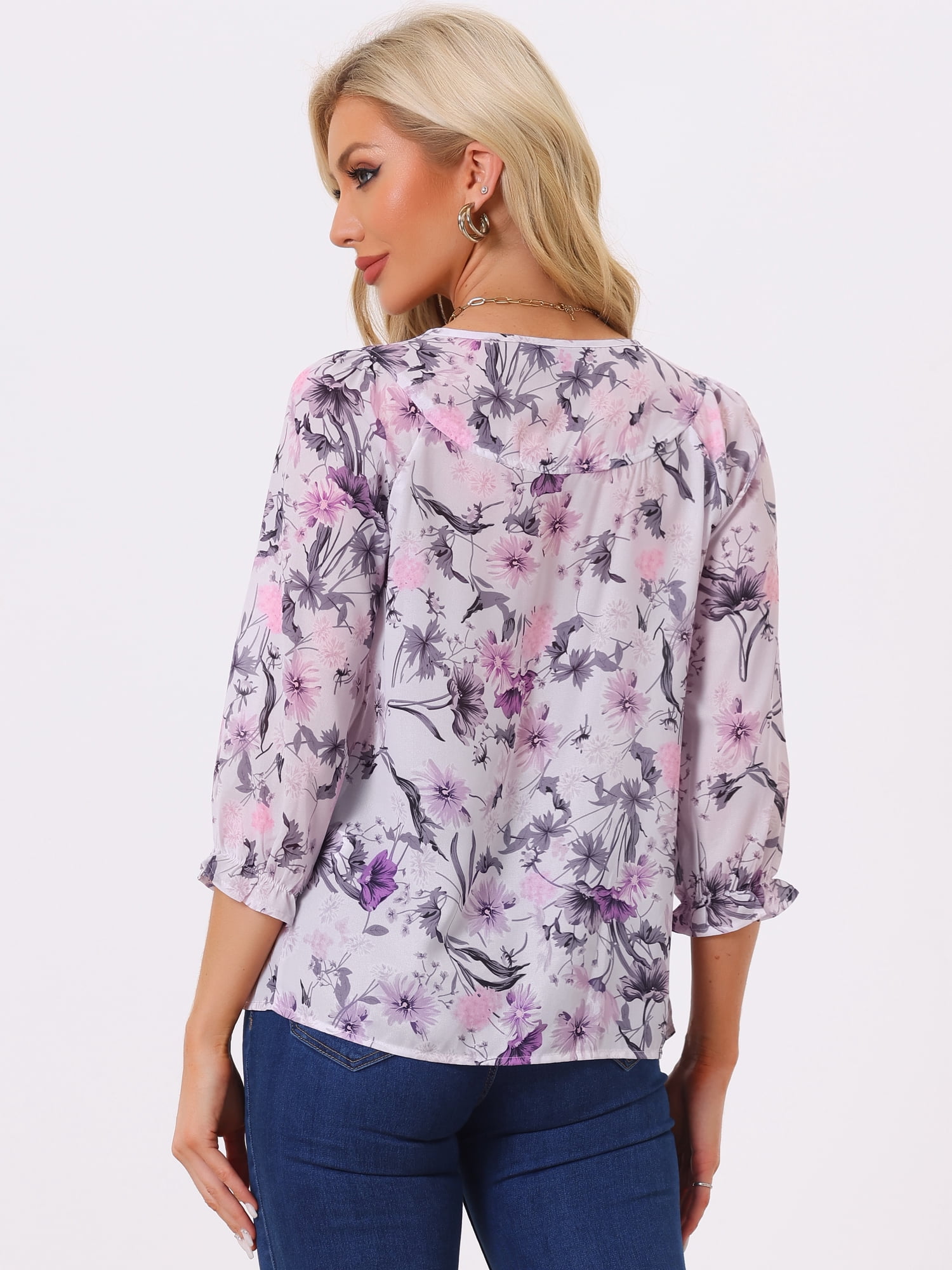 DARING DIVA Tie V Neck Boho Ruffled 3/4 Sleeve Blouse M Dusty Purple