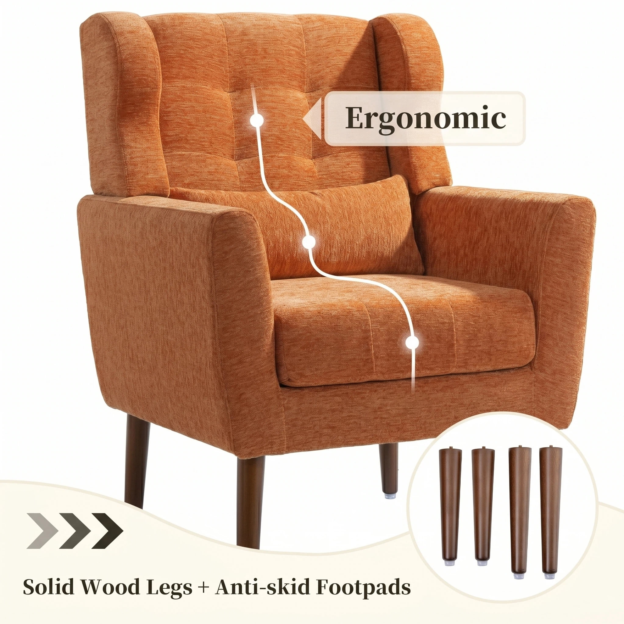 AISWORD Modern Accent Chair, Upholstered Armchair with Pillow, Fabric Single Sofa Chair with Lounge Seat and Wood Legs Accent Chair for Living Room Bedroom Small Spaces, Orange