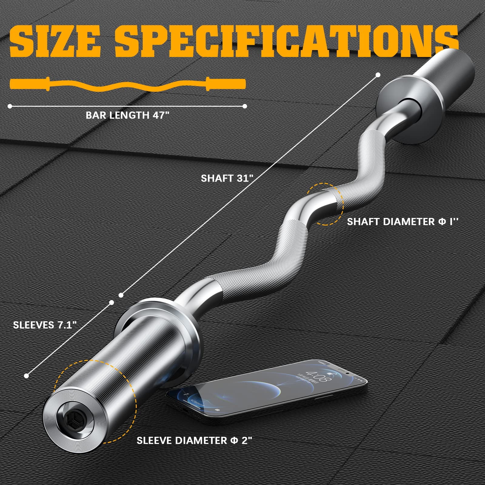 Olympic EZ Curl Barbell Bar, 47” Strength Training EZ Bar for Weight Lifting,Hip Thrusts,Biceps, triceps, Back/Leg Muscle Exercise,Chrome Curling Bar for 2 Inch Weight Plates,with 2 Spring Collars
