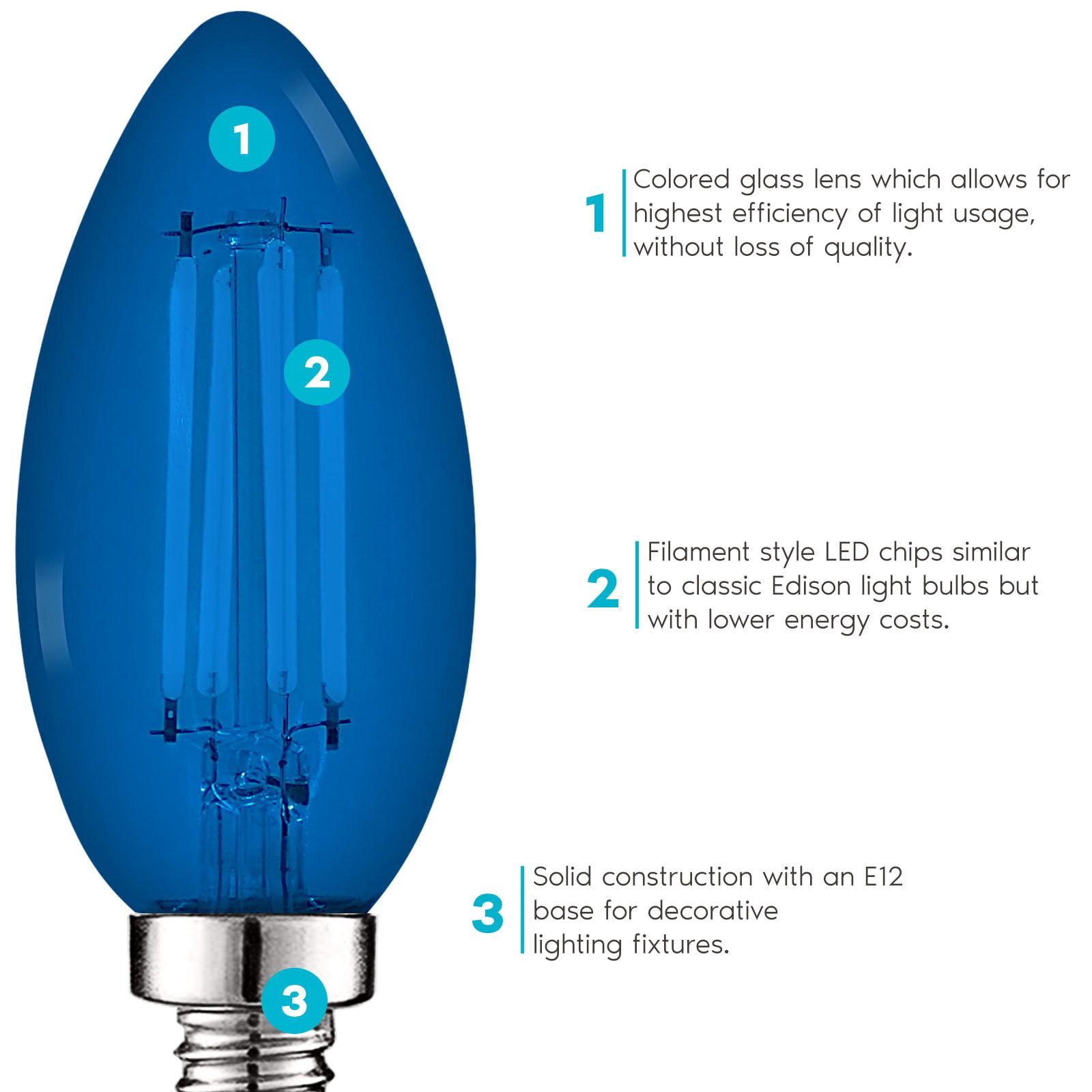 Luxrite E12 LED Filament Blue Light Bulb, 4.5W=40W, Colored Glass Candelabra Bulb, UL, E12, Decoration, Party 6 Pack