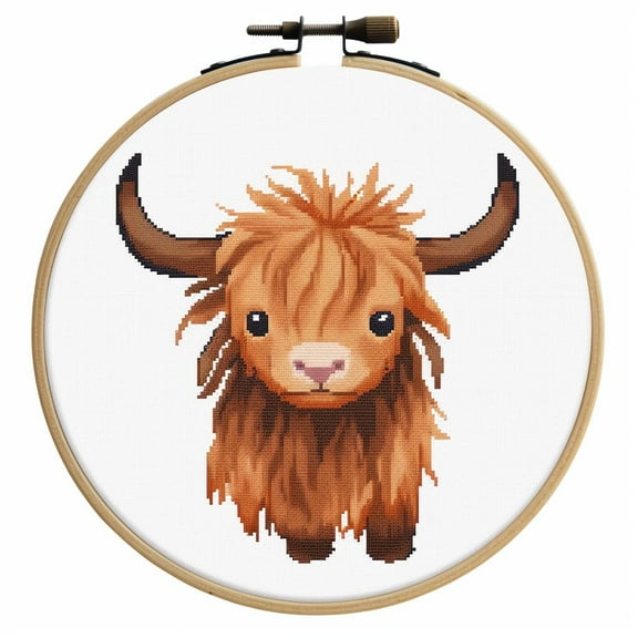 Cartoon Baby Highland Cow DIY Stamped Cross Stitch Kits Easy for Beginners Children with Hoop 11CT Needlepoint Counted Embroidery Kits Art Craft Wall Decoration 12x12inch(2)