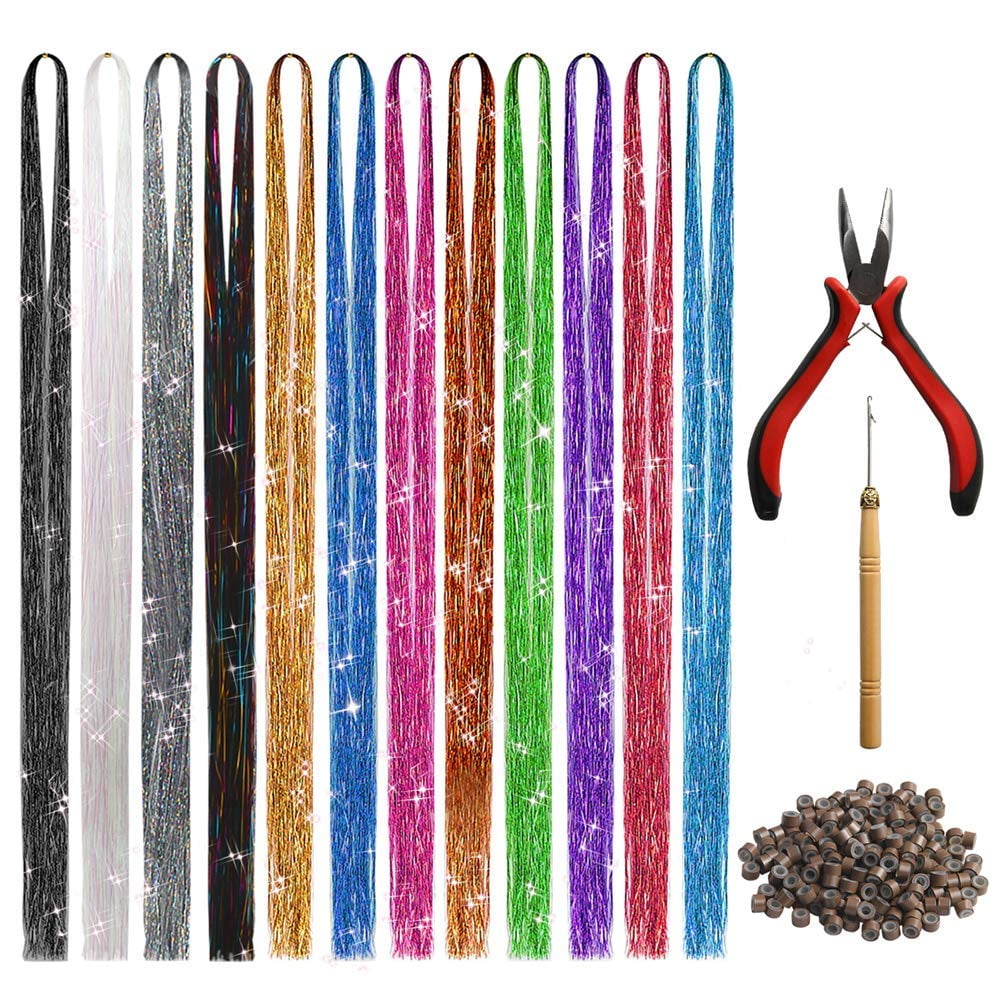 Hair Tinsel Strands Kit, Tinsel Hair Extensions, Halloween Christmas Hair  Accessories Decoration , 12 Colors, 2400 Strands （A pair of pliers + a  crochet hook + 200 pieces of silicone buckle） 