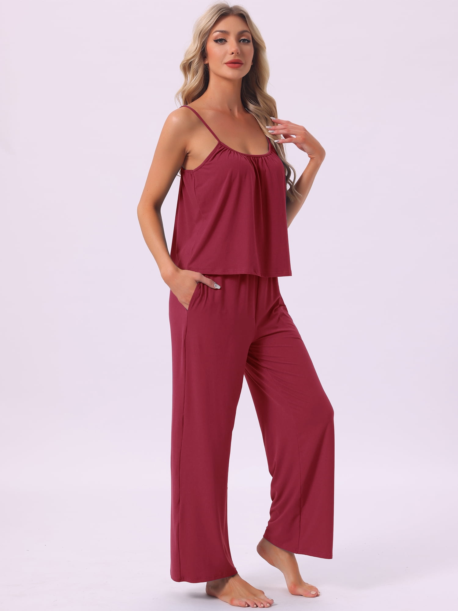 DARING DIVA Women's Cami Tank Top and Pants Pleated Pajama Sets with Pockets XL Red