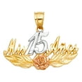 thumbnail image 2 of Wellingsale 14K Tri 3 Color Gold Polished Ornate Sweet 15 Charm Pendant with Rose Accent, 2 of 5