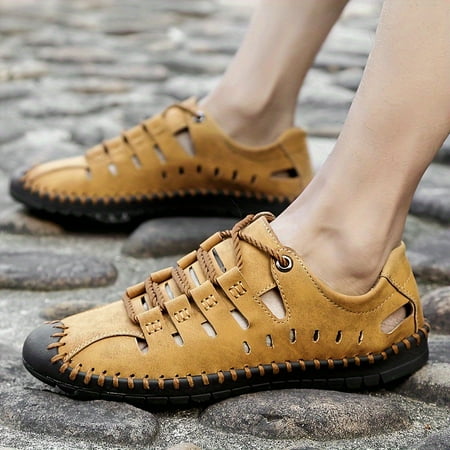 

Men s Solid Open Toe Sandals With Hook & Loop Fastener For Outdoor Non Slip Comfy Summer Sandals With Microfiber Leather Uppers