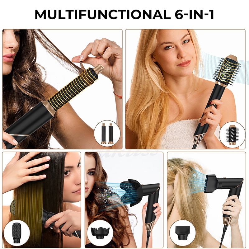 6-in-1 Foldable Hot Air Styler Kit, Professional Hair Dryer Brush System with Auto-Wrap Curlers & Diffuser for All Hair Types