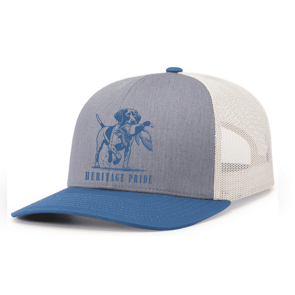 Heritage Pride Mens German Short Hair Duck Hunting Embroidered Mesh Back Trucker Hat-Ocean Blue/Heather Grey/Beige